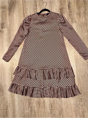 Cynthia Rowley Pink Black Check 100% Silk Tiered Knee Length Dress